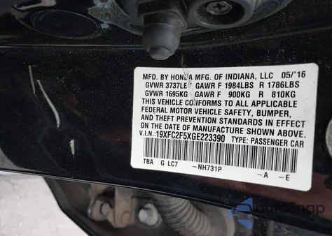 2016 Honda Civic Lx from USA, damaged, VIN 19XFC2F5XGE223390